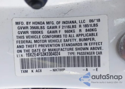 2019 Honda Insight Ex z USA, uszkodzony, nr VIN 19XZE4F53KE004024